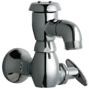Chrome sill fitting faucet with wall-mounted base, angled spout, and lever handle.