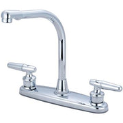Chrome two-handle kitchen faucet with tall curved spout and lever handles on wide deck plate.