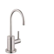 Hansgrohe stainless steel beverage faucet with curved gooseneck spout and single side lever handle.