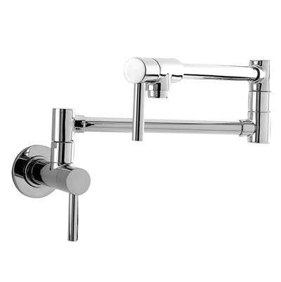 Polished chrome wall-mounted pot filler faucet with articulating arm and single lever handle.