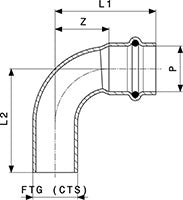 Copper 90-degree street elbow fitting with press connection on one end and FTG threaded connection on other end.