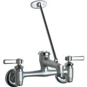 Chrome wall-mounted sink faucet with dual lever handles and rigid spout extending upward.