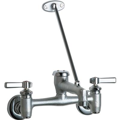 Chrome wall-mounted sink faucet with dual lever handles and rigid spout extending upward.