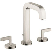 Brushed nickel three-piece widespread faucet with tall arched spout and two lever handles on round bases.