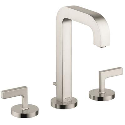 Brushed nickel three-piece widespread faucet with tall arched spout and two lever handles on round bases.