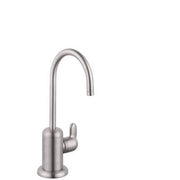 Stainless steel beverage faucet with curved spout and single lever handle on white background.