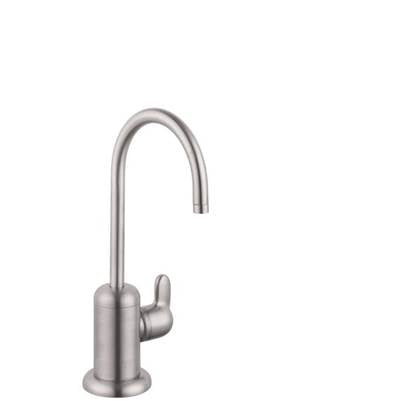 Stainless steel beverage faucet with curved spout and single lever handle on white background.
