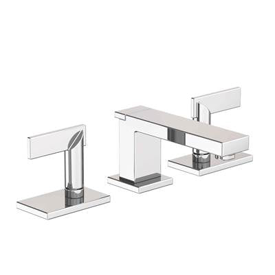 Polished chrome widespread lavatory faucet with two handles, spout, and rectangular base components shown in three-piece conf