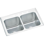 Stainless steel drop-in sink with two equal rectangular bowls and white rim, viewed from above at an angle.