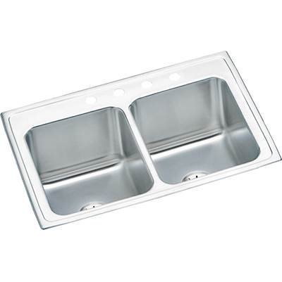 Stainless steel drop-in sink with two equal rectangular bowls and white rim, viewed from above at an angle.