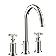 Polished nickel widespread faucet with tall arched spout and cross handles on left and right.