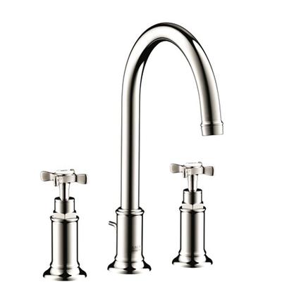 Polished nickel widespread faucet with tall arched spout and cross handles on left and right.