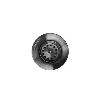Stainless steel sink strainer basket with perforated drain holes and dome shape, top view.