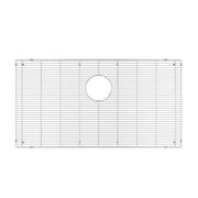 Stainless steel sink grid with horizontal slats and circular drain hole, rectangular shape with mounting brackets.