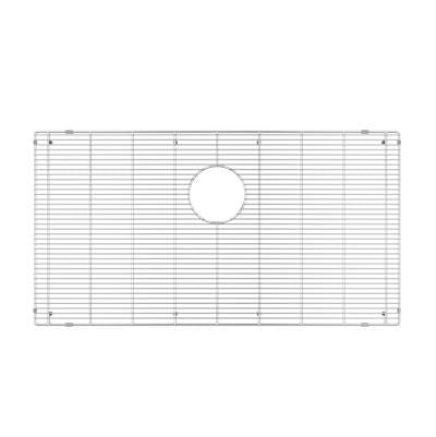 Stainless steel sink grid with horizontal slats and circular drain hole, rectangular shape with mounting brackets.
