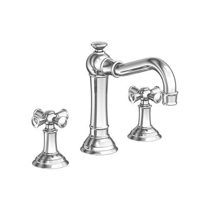 Chrome widespread bathroom faucet with tall central spout, curved right spout, and two cross-handle valves.