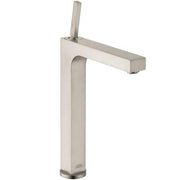 Brushed nickel single-hole bathroom faucet with tall spout and lever handle.