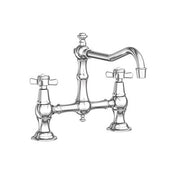 Chrome bridge kitchen faucet with two cross handles and curved spout.