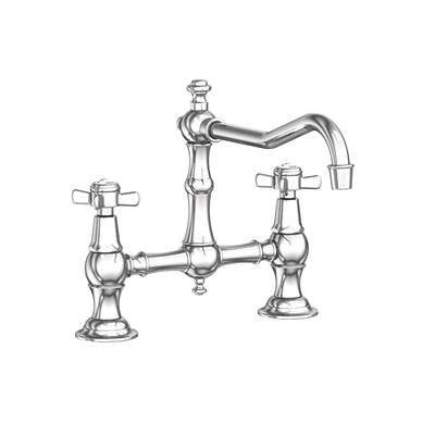 Chrome bridge kitchen faucet with two cross handles and curved spout.
