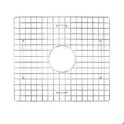 Stainless steel sink grid with square mesh pattern and center drain opening.