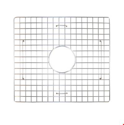Stainless steel sink grid with square mesh pattern and center drain opening.