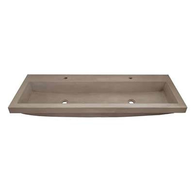 Rectangular concrete trough sink in earth tone with curved edges and four pre-drilled holes.