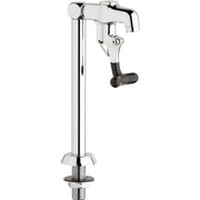 Chrome deck-mounted faucet with tall spout, lever handle, and black foot pedal control.