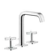 Chrome widespread bathroom faucet with tall arched spout and two cross-handle controls on square bases.