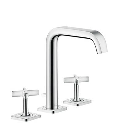 Chrome widespread bathroom faucet with tall arched spout and two cross-handle controls on square bases.