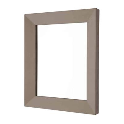 Rectangular wall mirror with thick taupe wooden frame and beveled edges.