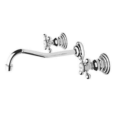 Polished chrome wall-mount lavatory faucet with curved spout and two cross-handle valves on decorative escutcheons.