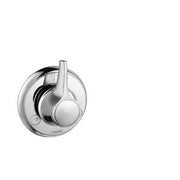 Chrome circular trim plate with lever handle and diverter valve for shower system.