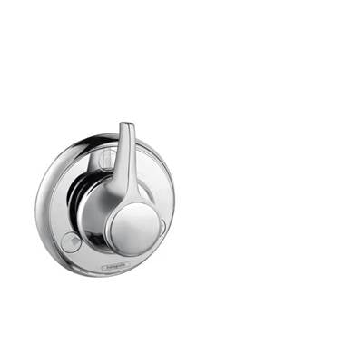 Chrome circular trim plate with lever handle and diverter valve for shower system.