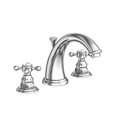 Chrome widespread bathroom sink faucet with curved spout and two cross-handle side controls.