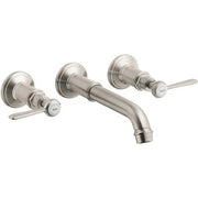 Brushed nickel wall-mounted faucet trim with curved spout and two lever handles.