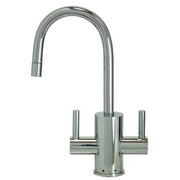Polished chrome mini water dispenser with curved gooseneck spout and dual side handles.