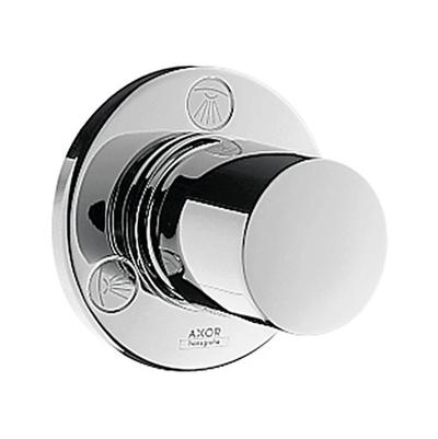 Chrome round trim kit with cylindrical handle and circular escutcheon plate for shower valve installation.