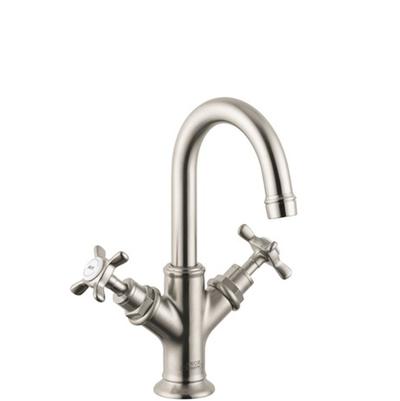 Brushed nickel single-hole faucet with curved spout and cross handles on either side.