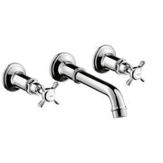 Chrome wall-mounted faucet trim with curved spout and two cross handles on circular mounting plates.