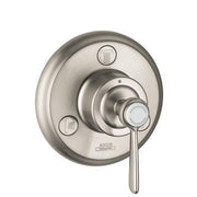 Brushed nickel shower valve trim with circular escutcheon plate, lever handle, and diverter buttons for trio/quattro configur