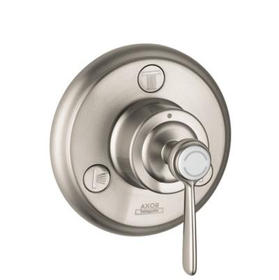 Brushed nickel shower valve trim with circular escutcheon plate, lever handle, and diverter buttons for trio/quattro configur