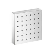 Chrome square shower head with multiple spray outlets arranged in grid pattern.