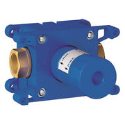 Blue Grohe volume control rough-in valve with brass outlet connection and adjustment dial.