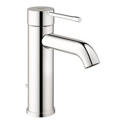 Chrome single-handle bathroom faucet with cylindrical body and curved spout.