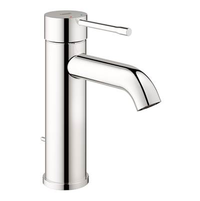 Chrome single-handle bathroom faucet with cylindrical body and curved spout.