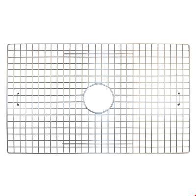 Stainless steel sink grid with square pattern and center drain hole, 29" x 17.5".