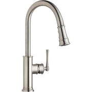 Lustrous steel single-hole kitchen faucet with curved spout, pull-down spray, and forward lever handle.