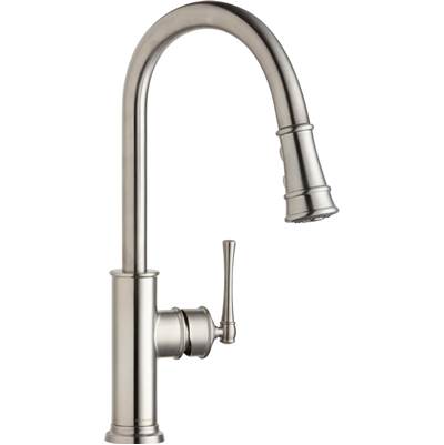 Lustrous steel single-hole kitchen faucet with curved spout, pull-down spray, and forward lever handle.