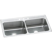 Stainless steel drop-in sink with two equal rectangular bowls, drain holes, and faucet mounting holes on rim.