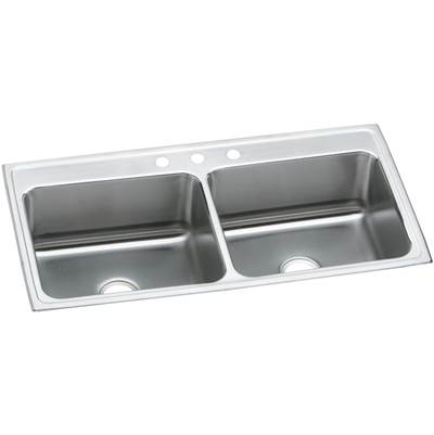 Stainless steel drop-in sink with two equal rectangular bowls, drain holes, and faucet mounting holes on rim.